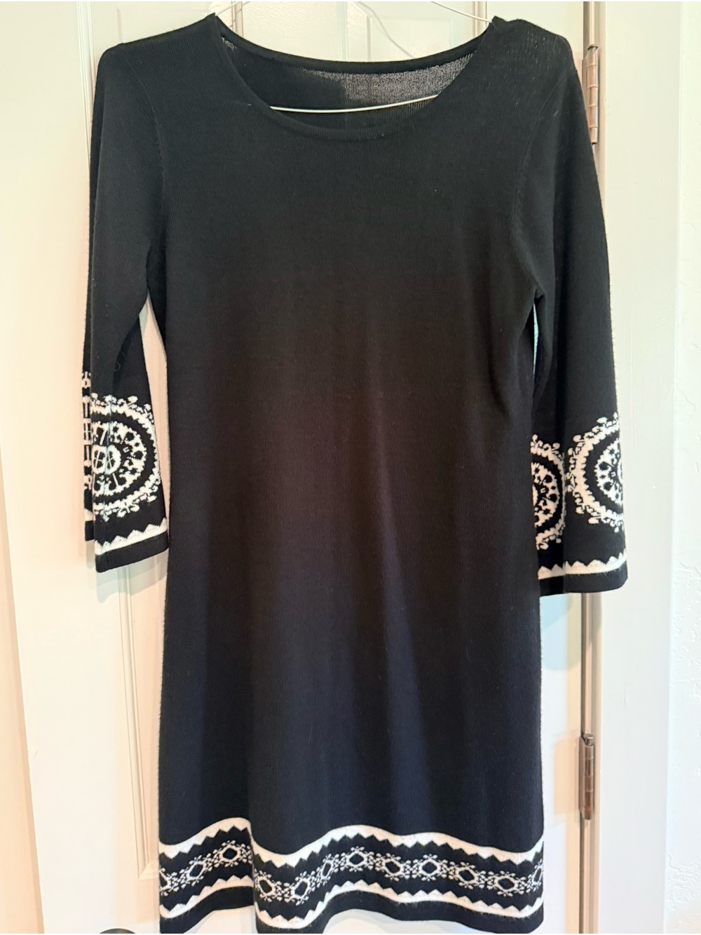 Black Knit Dress with White decorative Border - M
